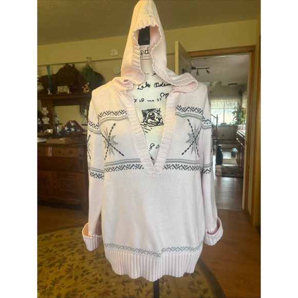 Cato Sweaters - Cato Pastel Pink Snowflake Sweater with Hood and Deep V-neck XL